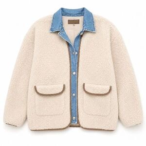BLANKNYC Sherpa Jacket Denim Trim Teddy Coat Cozy Minimalist L